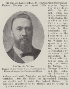 De eerwaarde Sir W. Lyne, premier van New South Wales, die de eer weigerde om het eerste federale ministerie te vormen door English Photographer