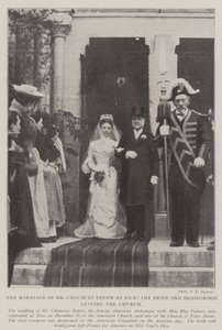 Het huwelijk van de heer Chauncey Depew in Nice, de bruid en bruidegom verlaten de kerk door English Photographer
