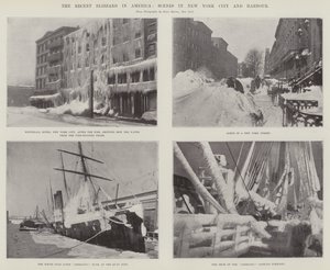 De recente sneeuwstorm in Amerika, scènes in New York City en haven