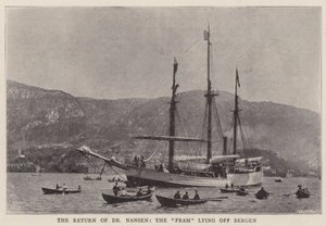 De terugkeer van Dr. Nansen, de Fram voor anker bij Bergen door English Photographer