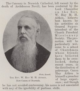 De eerwaarde W Hay M H Aitken, nieuwe kanunnik van Norwich