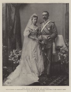 Het koninklijk huwelijk in Coburg, prins Ernest van Hohenlohe-Langenburg en zijn bruid, prinses Alexandra, in haar trouwjurk door English Photographer