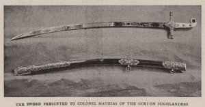 Het zwaard gepresenteerd aan kolonel Mathias van de Gordon Highlanders