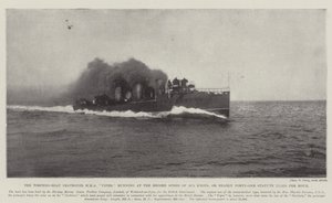 De Torpedobootvernietiger HMS Viper, rennend met de recordsnelheid van 35,5 knopen, of bijna veertig-en-een mijl per uur