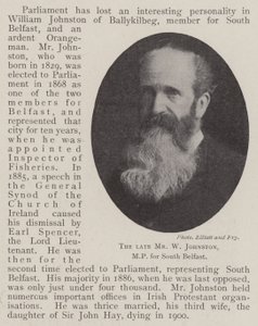 De overleden meneer W Johnston, MP voor Zuid-Belfast door English Photographer