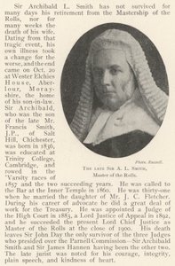 De overleden Sir A L Smith, Master of the Rolls