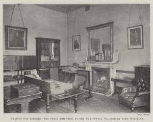 Wachten op Roberts, de stoel en het bureau in het Ministerie van Oorlog, verlaten door Lord Wolseley door English Photographer