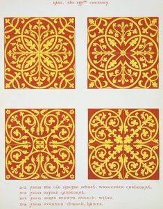 13e-eeuwse tegelontwerpen, illustratie uit Specimens of Tile Pavements, getekend van bestaande autoriteiten, door Henry Shaw, 1858 door English School