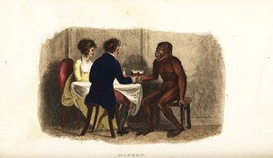 18e-eeuws Nederlands paar drinkt wijn met een Borneose orang-oetan aan de eettafel door English School