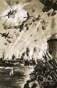 Een Britse konvooi in de Tweede Wereldoorlog onder aanval van Duitse Stuka