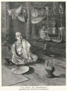 "Een oproep tot aanbidding," interieur van een boeddhistisch klooster (gravure)