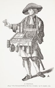 Een Marskramer, uit The Cries and Habits of the City of London door M. Lauren, 1709, frontispice illustratie uit Chap-books of the Eighteenth Century door John Ashton, gepubliceerd 1882 door English School
