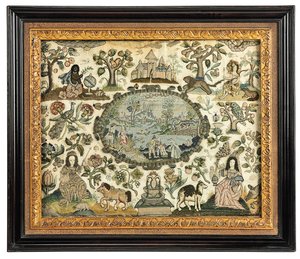 Een Charles II borduurwerk afbeelding van Afrika en de Nieuwe Wereld, ca. 1660-70 door English School