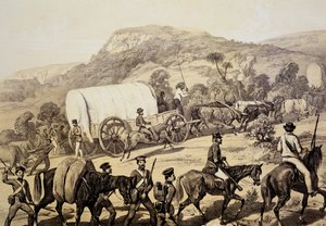 Een konvooi van wagens, uit Scenes in Kafirland and Incidents in the Kafir War of 1851-53 door English School