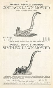 Een huisje en Simplex grasmaaier, illustratie uit een tuincatalogus, gepubliceerd door Barnard Bishop & Barnard, 1878