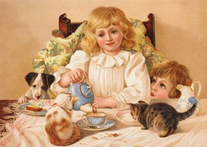 Een familietheekransje (chromolitho) door English School