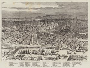 Een algemeen overzicht van Belfast, Ulster, de belangrijkste industriestad van Ierland door English School