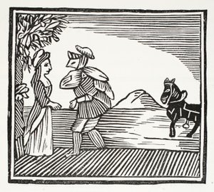 Een Heer gaat te rade bij Moeder Bunch, illustratie uit Chap-books of the Eighteenth Century door John Ashton, gepubliceerd 1882