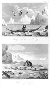 Een Groenlander en zijn kajak, uit Geschiedenis van Groenland door David Crantz, 1820