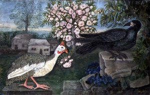Een parelhoen en een roek in een landschap, ca. 1800