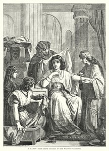 Een Hebreeuwse bruid die haar trouwkleding aantrekt (gravure) door English School