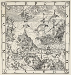 Een hiëroglief van Groot-Brittannië, frontispice van General and Rare Memorials pertayning to the perfecte Arte of Navigation door John Dee, 1577 door English School