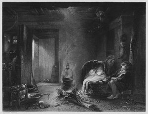 Een Hoogland Cottage, van het schilderij in de Vernon Gallery (gravure) door English School