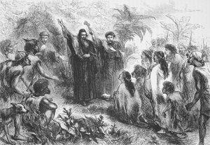 Een jezuïetenmissionaris predikt aan een stam indianen, illustratie uit De Geschiedenis van het Protestantisme door James Aitken Wylie, gepubliceerd in 1878
