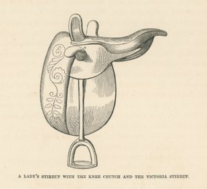 Een damesstijgbeugel met de kniekruk en de Victoria-stijgbeugel (gravure) door English School