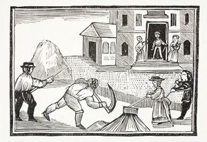 Een Man die Gras maait met een Zeis, die alles voor zich uit nam, illustratie uit Chap-books van de Achttiende Eeuw door John Ashton, uitgegeven 1882 door English School