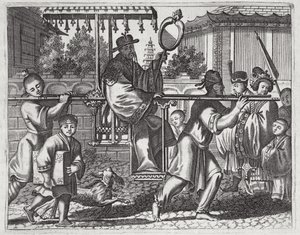 Een Mandarijn in een Draagstoel, illustratie uit een beschrijving van Ambassades naar China, 1690 door English School