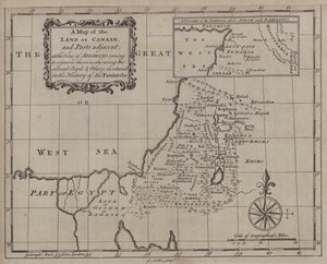 Een kaart van het land Kanaän en aangrenzende delen ten tijde van Abrahams komst om er te verblijven, met daarop aangegeven de verschillende mensen en plaatsen die worden genoemd in de geschiedenis van de patriarchen (gravure)