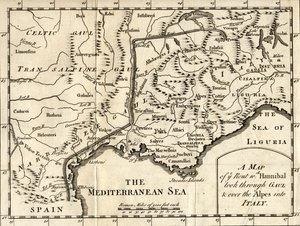Een kaart van de route die Hannibal nam door Gallië en over de Alpen naar Italië