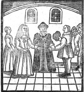 Een huwelijksceremonie, een illustratie uit A Book of Roxburghe Ballads door English School