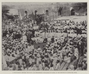 Een vredesluiting tussen de hindoeïstische en mohammedaanse bevolkingen van Patan, in de provincie Kathiawar, India (gravure)