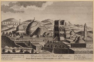 Een perspectief van de kerk van het Heilig Graf in Jeruzalem en andere structuren (gravure)