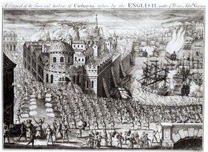 Een Uitzicht op de Stad en Haven van Cartagena, ingenomen door de Engelsen onder de dappere Admiraal Vernon, 1741