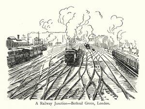 Een Spoorwegknooppunt, Bethnal Green, Londen (litho) door English School