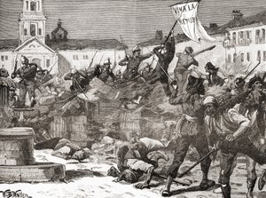 Een republikeinse opstand in Malaga, Spanje tijdens de Glorieuze Revolutie (La Gloriosa) door English School