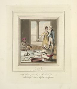 Een Saumpareeah of Slangenvanger die slangen tentoonstelt voor Europeanen, ca. 1824