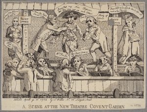 Een scène in het New Theatre, Covent Garden: satire die een politieke bijeenkomst in Covent Garden, Londen afbeeldt