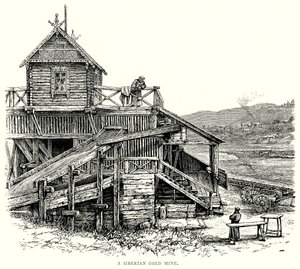 Een Siberische goudmijn (gravure) door English School
