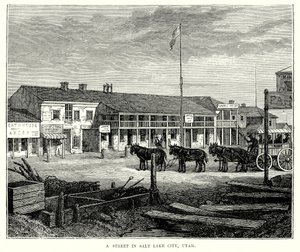Een straat in Salt Lake City, Utah (gravure)