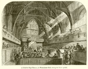 Een proces voor hoogverraad in Westminster Hall, tijdens de Tudor-periode door English School