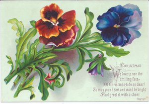 Victoriaanse kerstkaart van een boeket viooltjes, ca. 1880