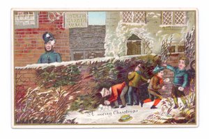 Victoriaanse kerstkaart van jongens die zich achter een bakstenen muur verstoppen en een sneeuwbal naar een politieagent gooien, ca. 1880 (kleur litho) door English School