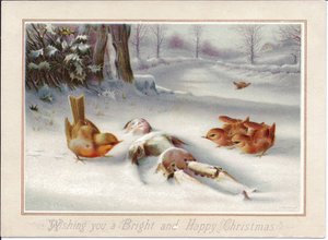 Een Victoriaanse kerstkaart van Robbins die naar een houten pop in de sneeuw kijkt, ca. 1880 (kleurenlitho)