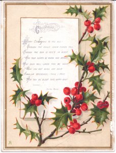 Een Victoriaanse Kerstkaart met een Grote Tak Hulst en een Vers, c.1880