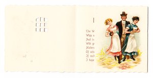 Een Victoriaanse wenskaart van een heer met twee dienstmeisjes, circa 1880 door English School