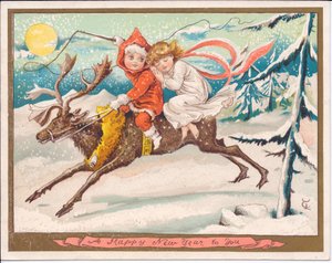 Een Victoriaanse nieuwjaarskaart van een meisje en jongen fee die op een rendier rijden op een maanverlichte sneeuwachtige nacht, ca. 1880 door English School